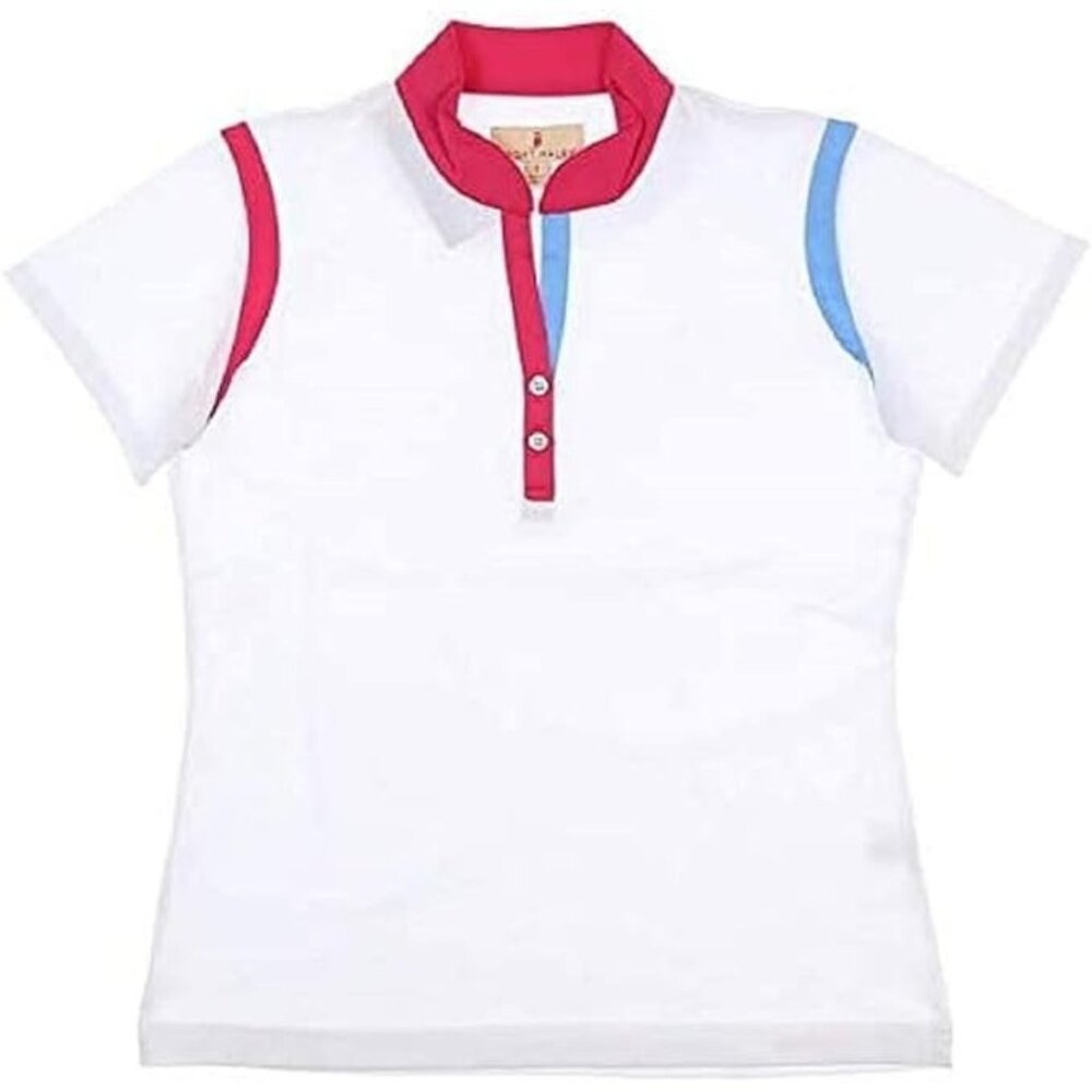 Sport Haley Womens White Golf Polo with Pink and Blue Trim LG